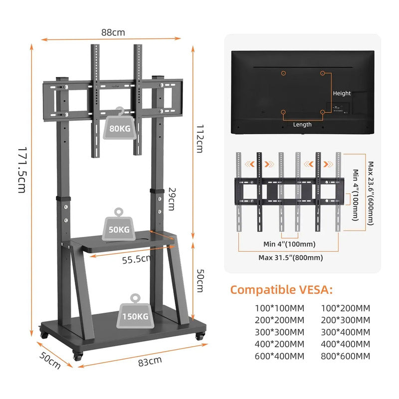 Soporte Tv 32 A 70 Pedestal Soporte Stand Rack Movil Ruedas Negro