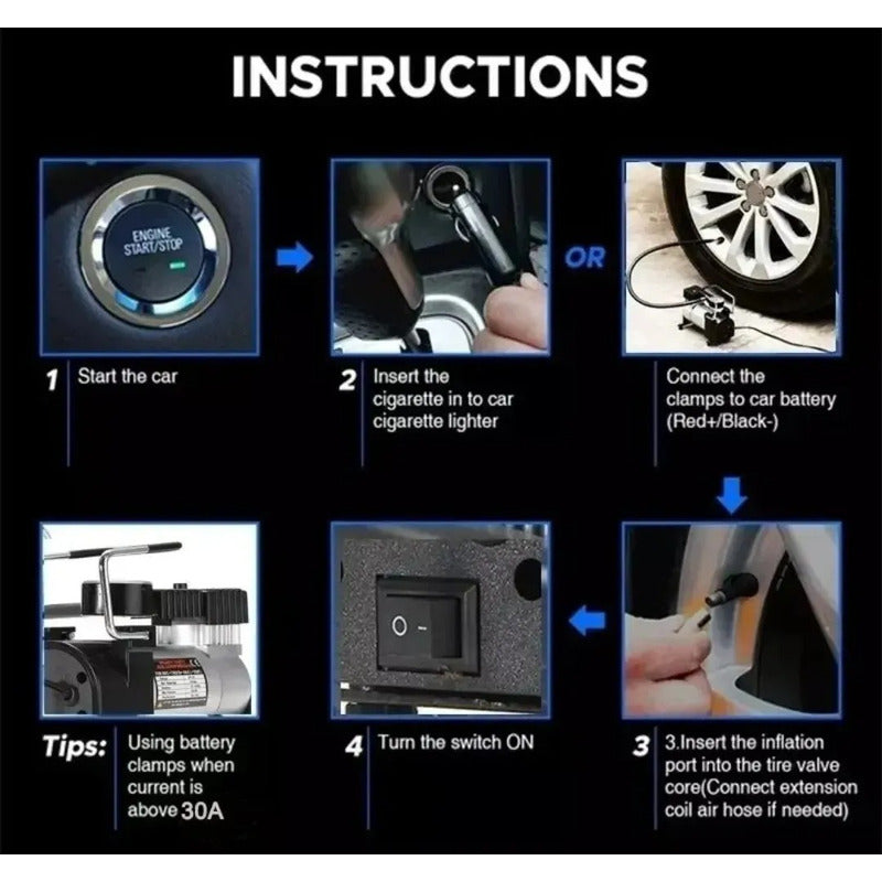 Compresor De Aire 12v Inflador De Neumaticos Multifuncional Negro 150psi