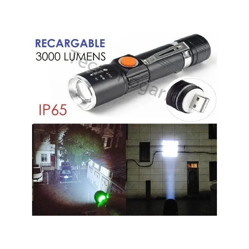 Linterna Recargable Led 3000 Lumens Con Zoom Resiste Lluvia