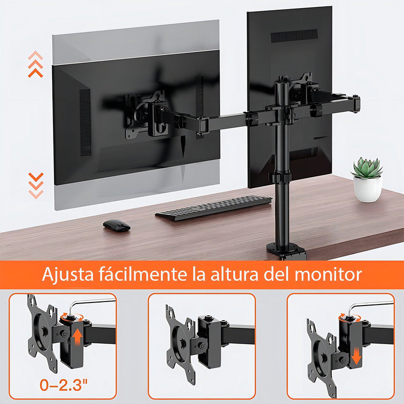 Brazo Doble Para Monitor Soporte Base Alzador Pantalla Negro