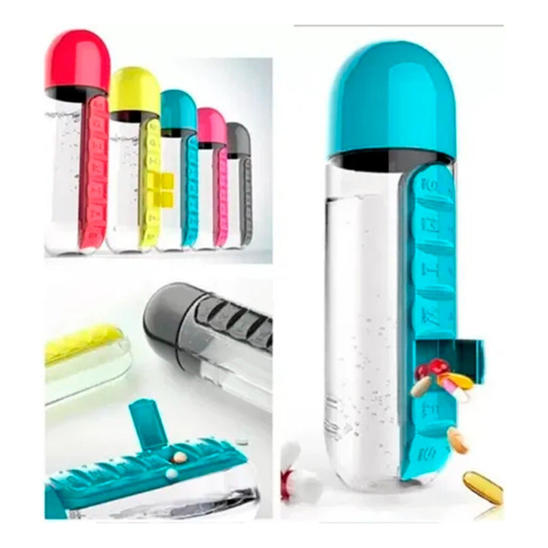 Botella Pastillero Embase 600ml Semanal Vitaminas Portatil Agua