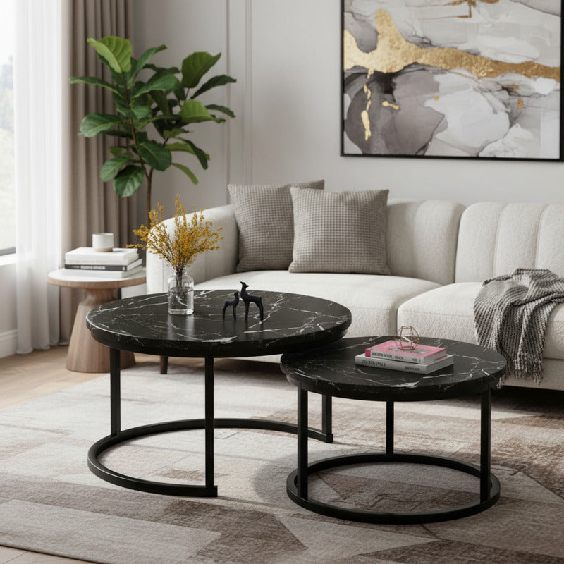 Mesa Auxiliar De Centro Doble Melamina 70x50cm Y 34x40cm Negro