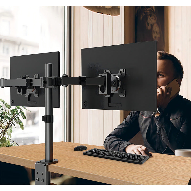 Brazo Doble Para Monitor Soporte Base Alzador Pantalla Negro