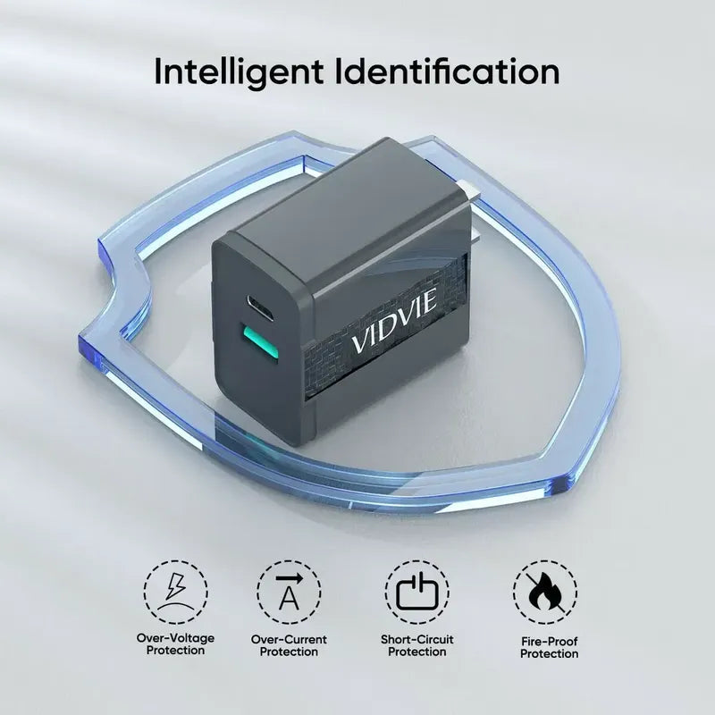 Cargador Vidvie Carga Rapida Tipo-c Dos Puertos 1 Mt Negro
