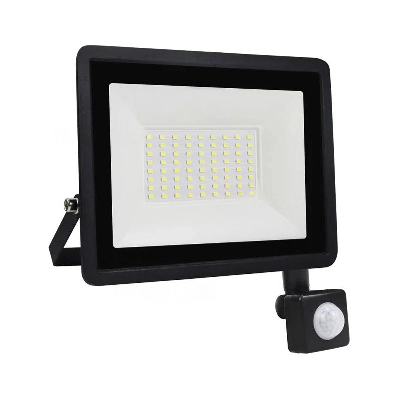 Foco Eco Led Con Sensor 50w Exterior Brillante Negro Fría