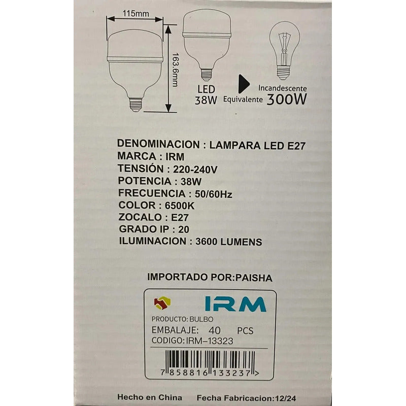 Ampolleta Led 38w Luz Fría 6500k 3600lm