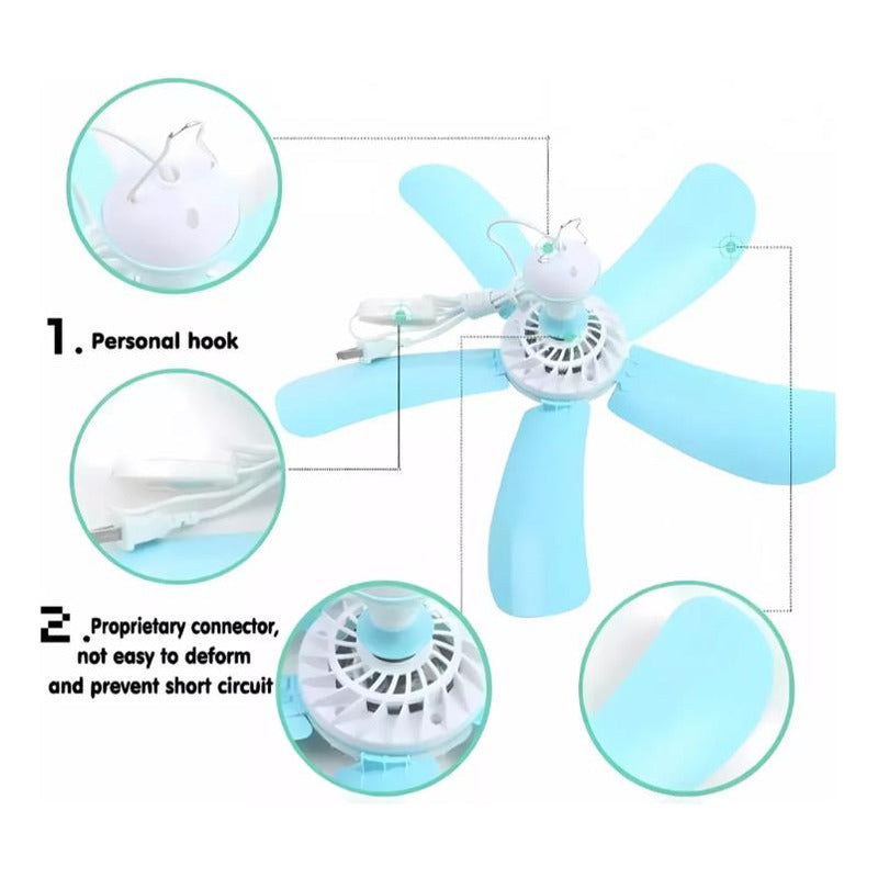 Mini Ventilador Colgante 5 Aspas Portatil Con Enchufe 40 Cm 50hz Blanco Celeste Plástico