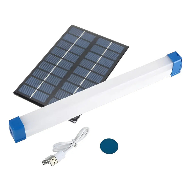 Kit Solar: Lámpara Foco Luz Emergencia Recargable 48 Led Negro + Tubo Luz Led 60w Usb Solar Blanco