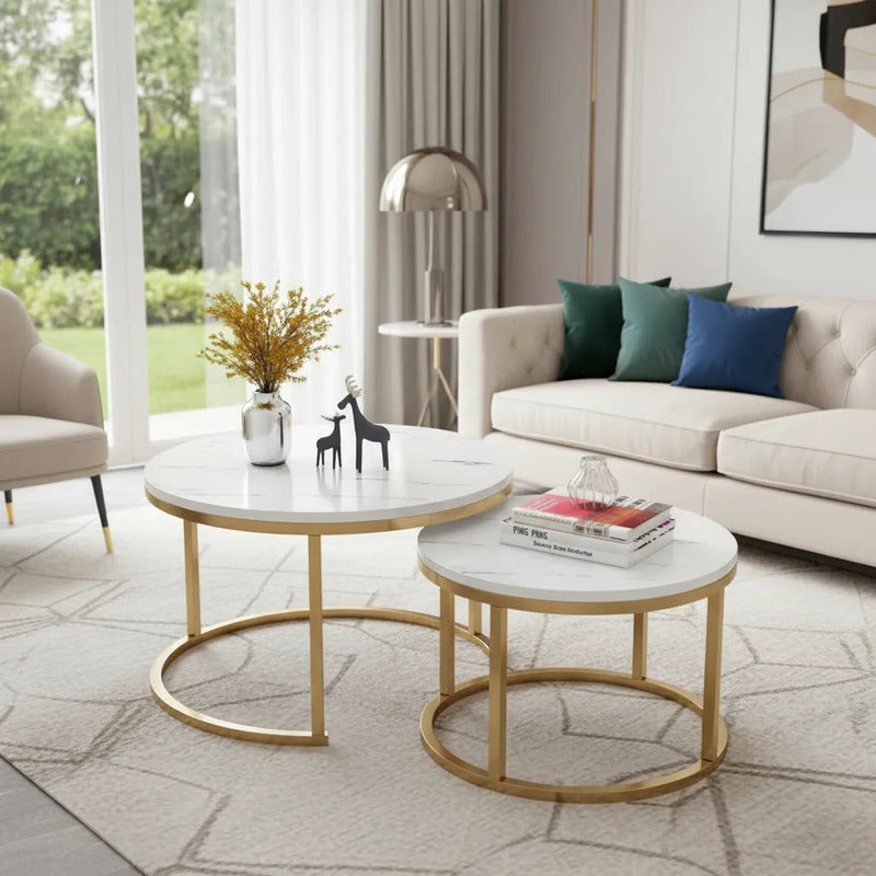 Mesa Auxiliar De Centro Doble Melamina 70x50cm Y 34x40cm Blanco