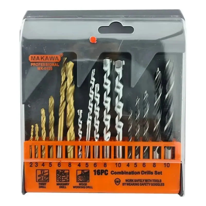 Juego Brocas 16 Piezas Para Metal Madera Concreto Pared Cerámica Vidrio Ideal Para Albañil Carpintero Electricista Hogar Taller Taladro Percutor Tecnohogar