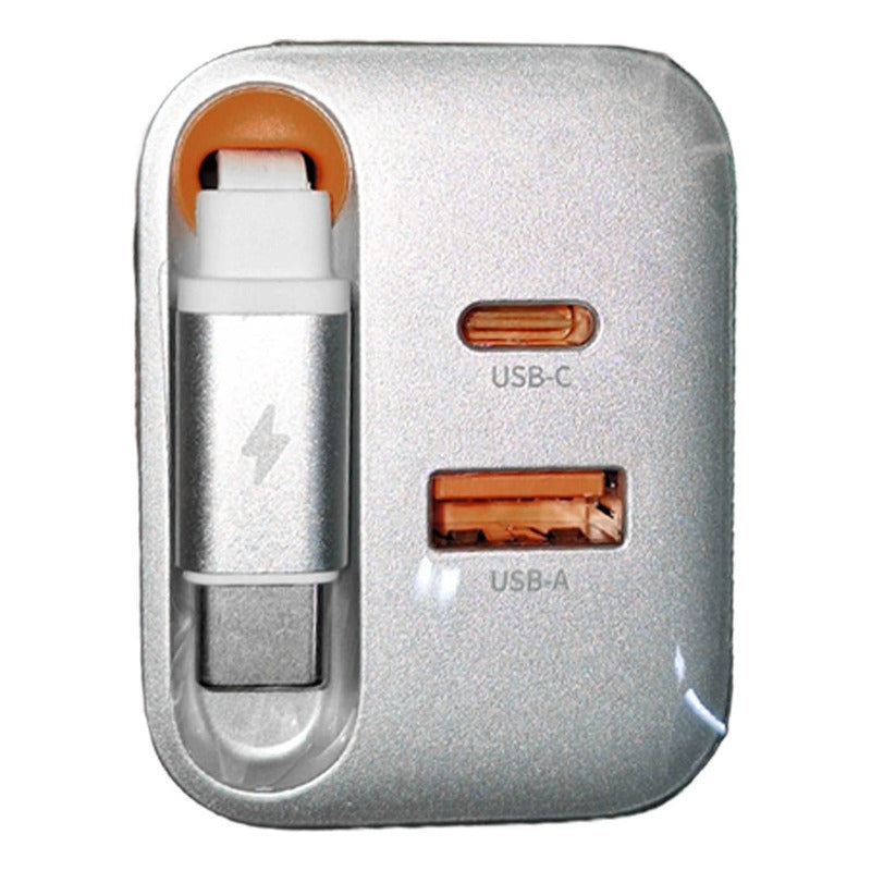 Cargador Carga Rapida Con Cable Retractil + 2 Puertos Blanco