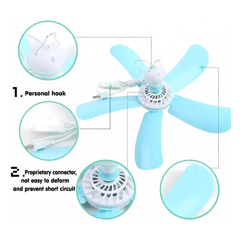 Mini Ventilador Colgante 5 Aspas Portatil Con Enchufe 40 Cm 50hz Blanco Celeste Plástico