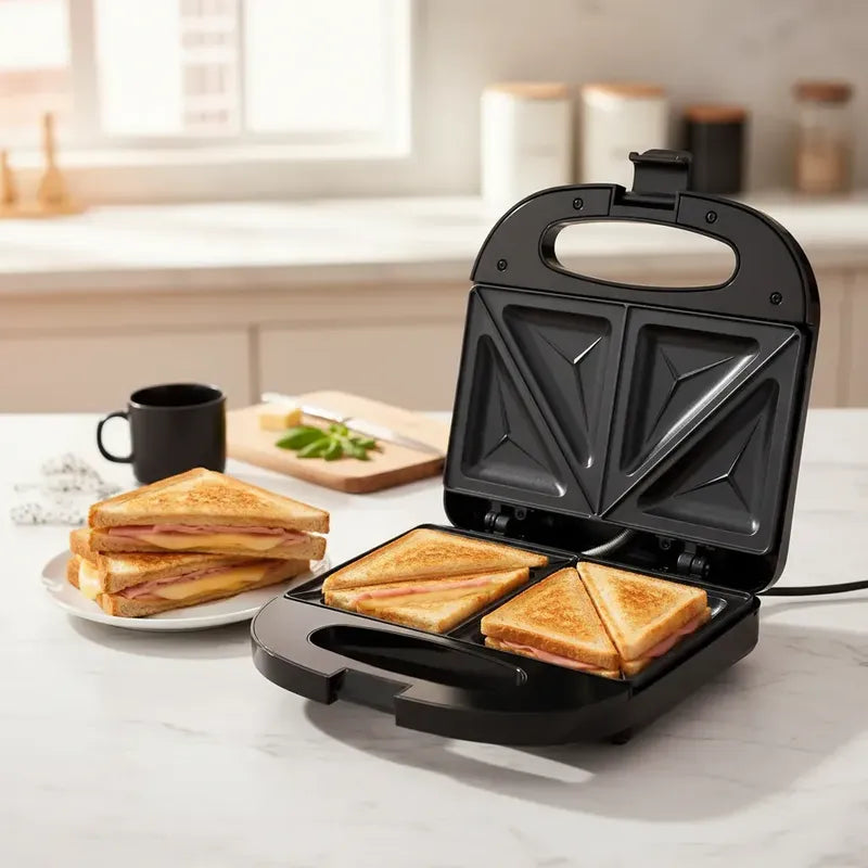 Sandwichera Eléctrica 1200w 2 Sándwiches Antiadherente Grill Tostador Compacto Fácil Limpieza Placas Selladas Cocina Rápida Desayunos Snacks Hogar Negro