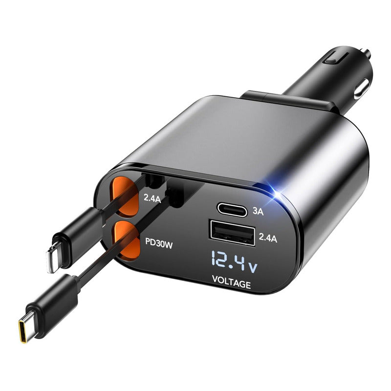 Cargador Retráctil Para Coche Cargador Usb C 4 En 1 De 60 W Plateado