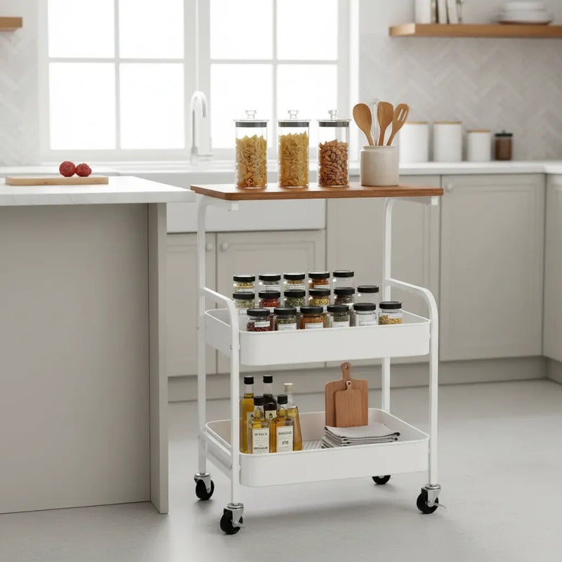 Carrito Organizador Metalico Con Ruedas Y Tapa De Madera Blanco