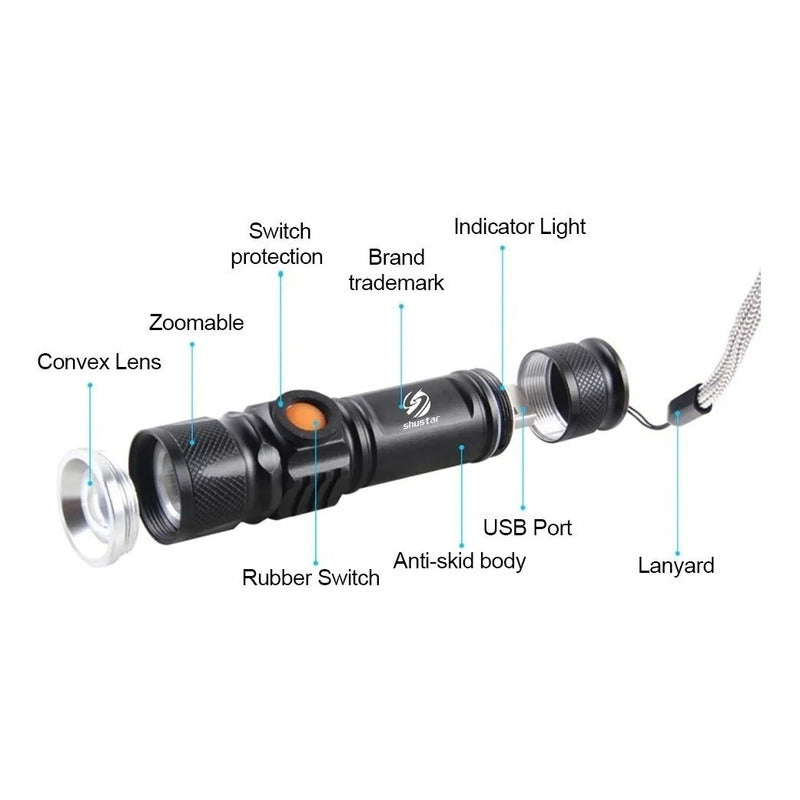 Linterna Recargable Led 3000 Lumens Con Zoom Resiste Lluvia