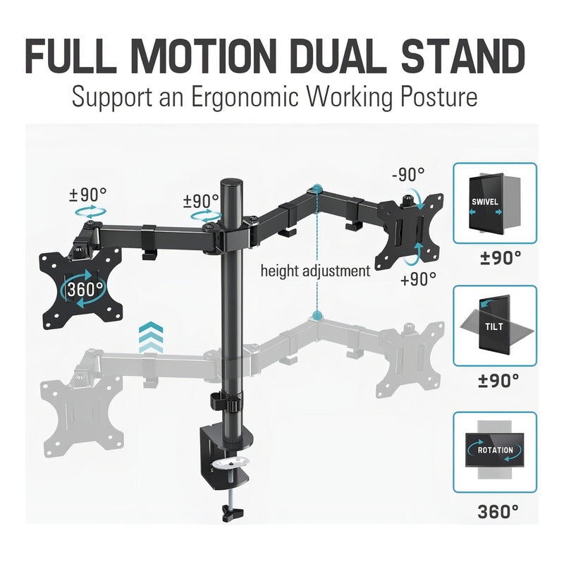 Brazo Doble Para Monitor Soporte Base Alzador Pantalla Negro