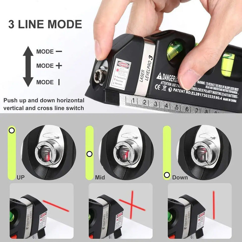 Fixit Nivel Laser 3 Burbujas Cinta Métrica Regla Cruz Horizontal Vertical Negro