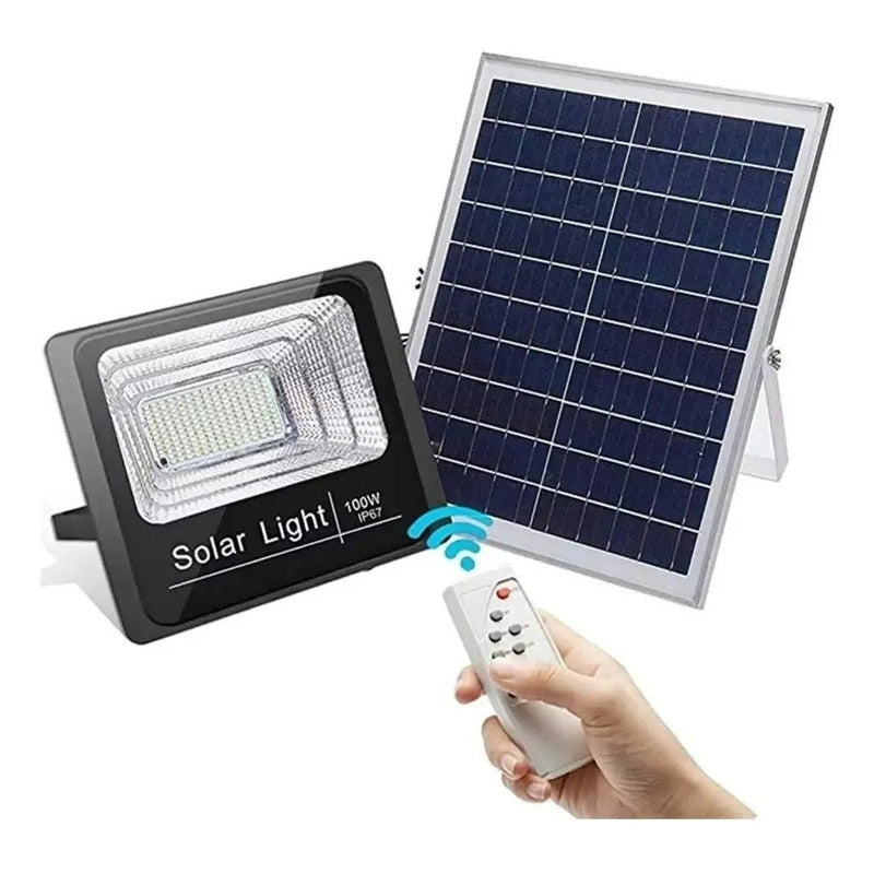 Lampara Foco Solar 120 Led 100w + Panel Solar Control Remoto Negro Blanco Frío