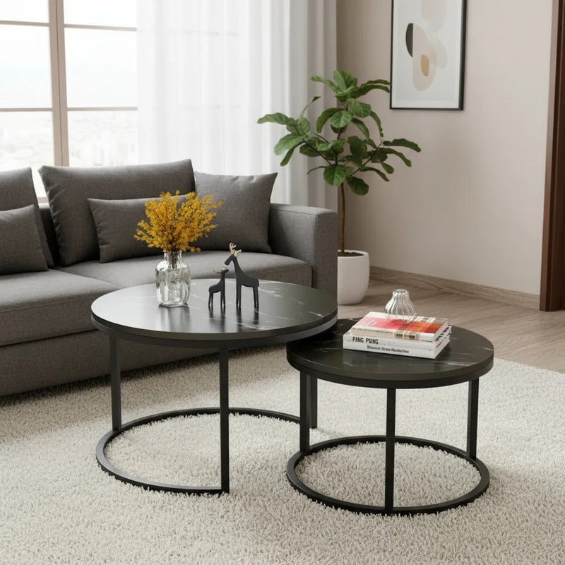 Mesa Auxiliar De Centro Doble Melamina 70x50cm Y 34x40cm Negro