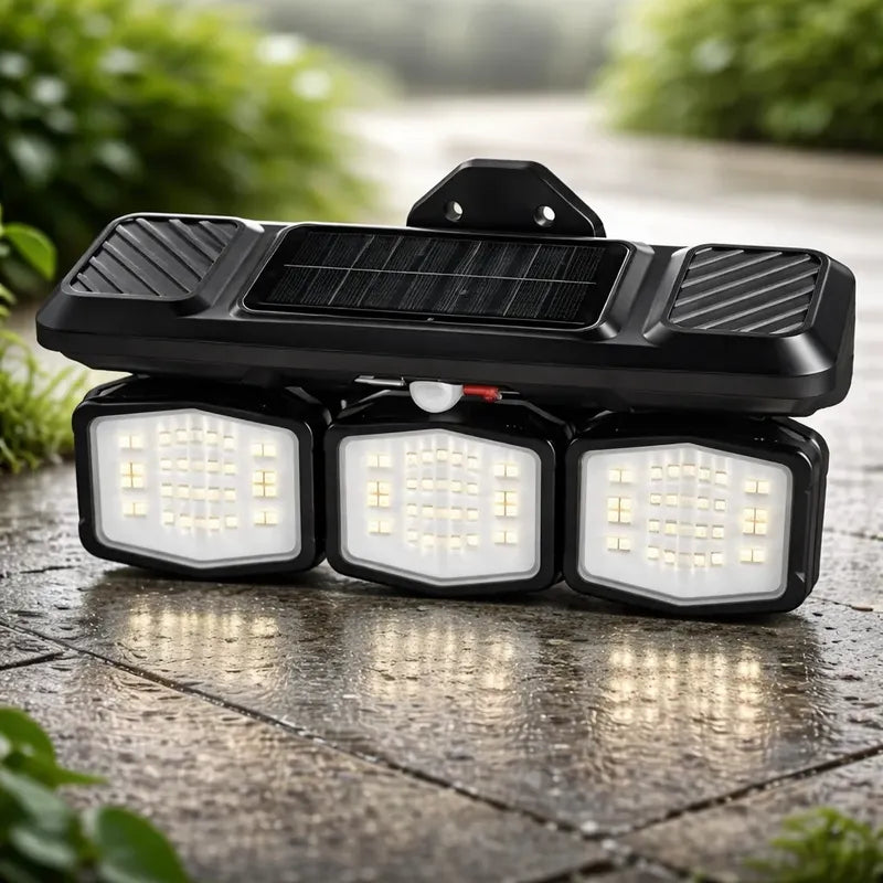 Foco Led Solar Con Sensor De Movimiento 3 Cabezas Giratoria Negro Blanco Frío