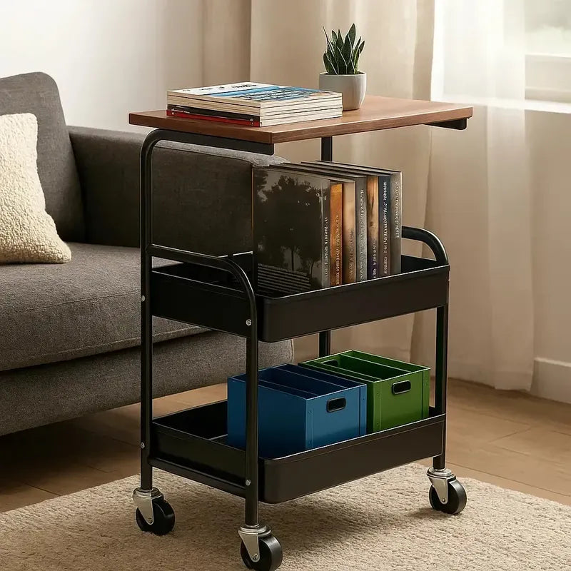Carrito Organizador Metalico Con Ruedas Y Tapa De Madera Negro