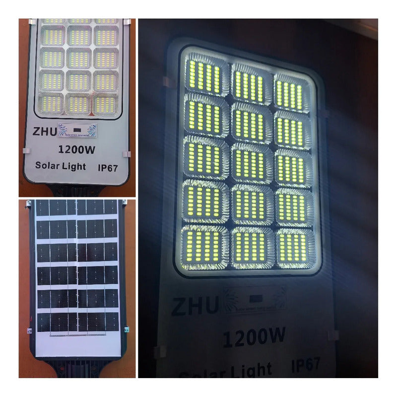 Pack 3 Foco Solar De Poste 1200 Watt Luz Fija Más Soporte Negro Blanco Frío