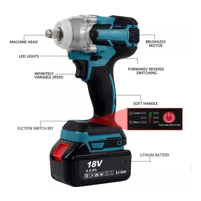 Llave Impacto Inalambrico 2 Baterias Brocas Desatornillador Azul Acero 50 60hz