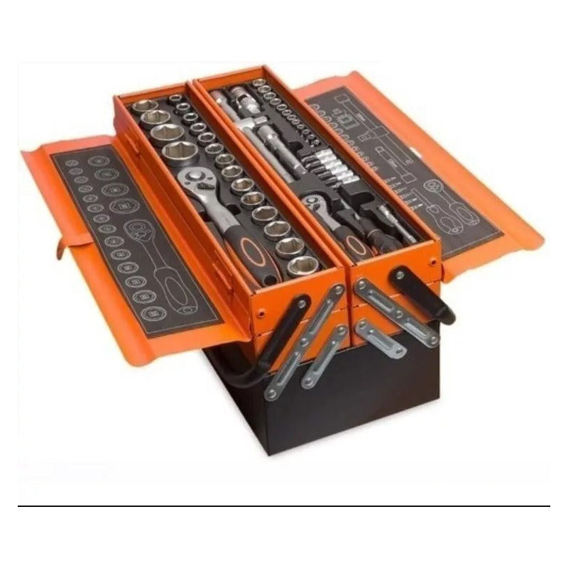 Caja Herramientas 85 Pcs Niveles Plegable Metal Cromo Naranja