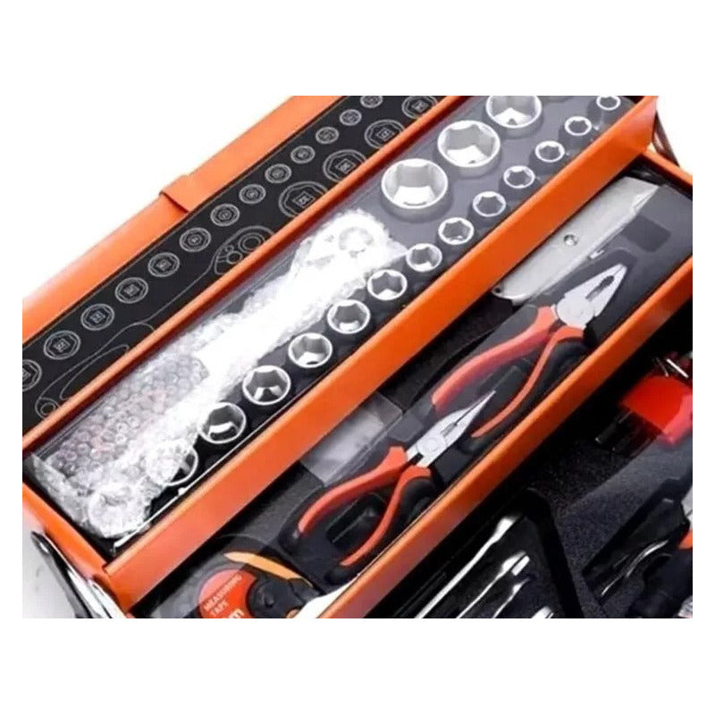 Caja Herramientas 85 Pcs Niveles Plegable Metal Cromo Naranja