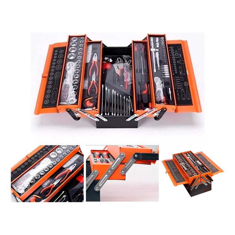 Caja Herramientas 85 Pcs Niveles Plegable Metal Cromo Naranja