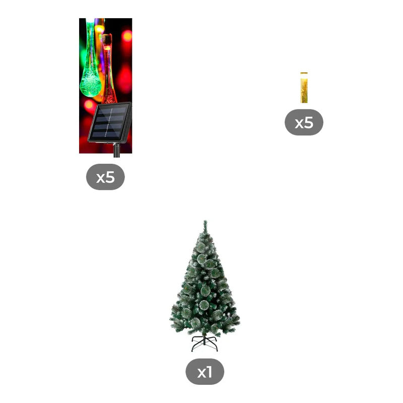 Kit Navidad: 5 Guirnaldas Led Solar Multicolor + Árbol Blanco Nevado + 5 Guirnaldas Led Solar Cálida