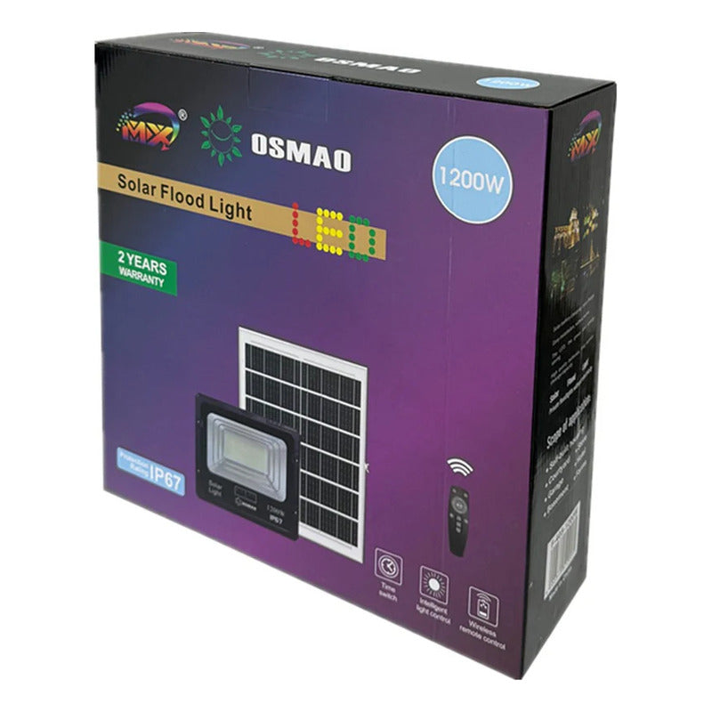 Foco Solar 1200w + Panel Solar Y Control Remoto Negro Blanco Cálido