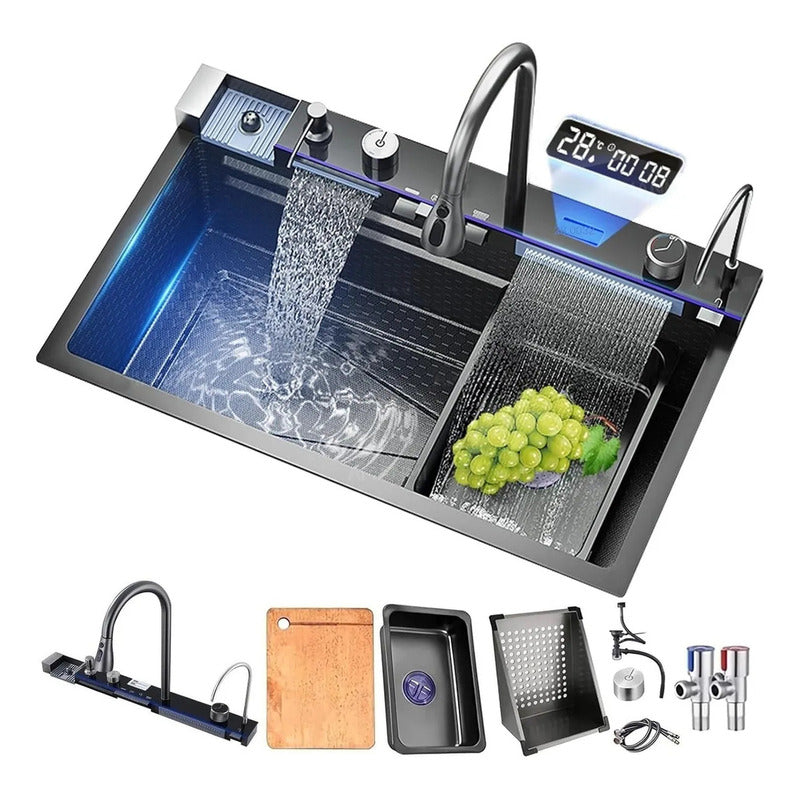 Lavaplatos Fregadero Digital Led, 7 Modos De Agua, Acero Inoxidable, Multifuncional, Cascada, Lavavasos, Termómetro,... Negro