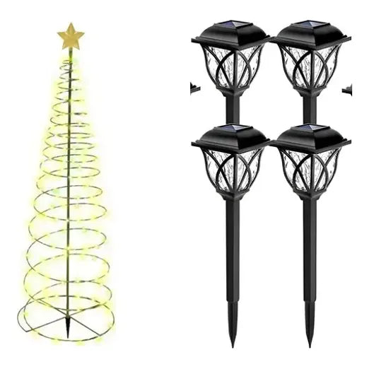 Kit Navidad Solar: Estaca Árbol Led Amarilla 85cm + Estaca 6 Luces Led Negra Exterior