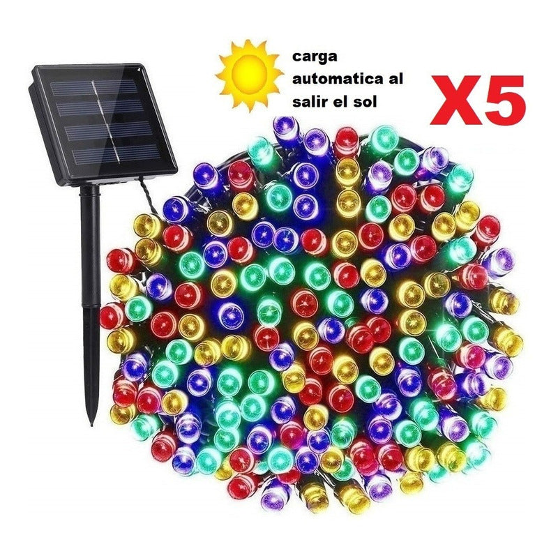 Pack 5 Luces Solares Navidad Guirnalda 10 Metros 100 Led Negro