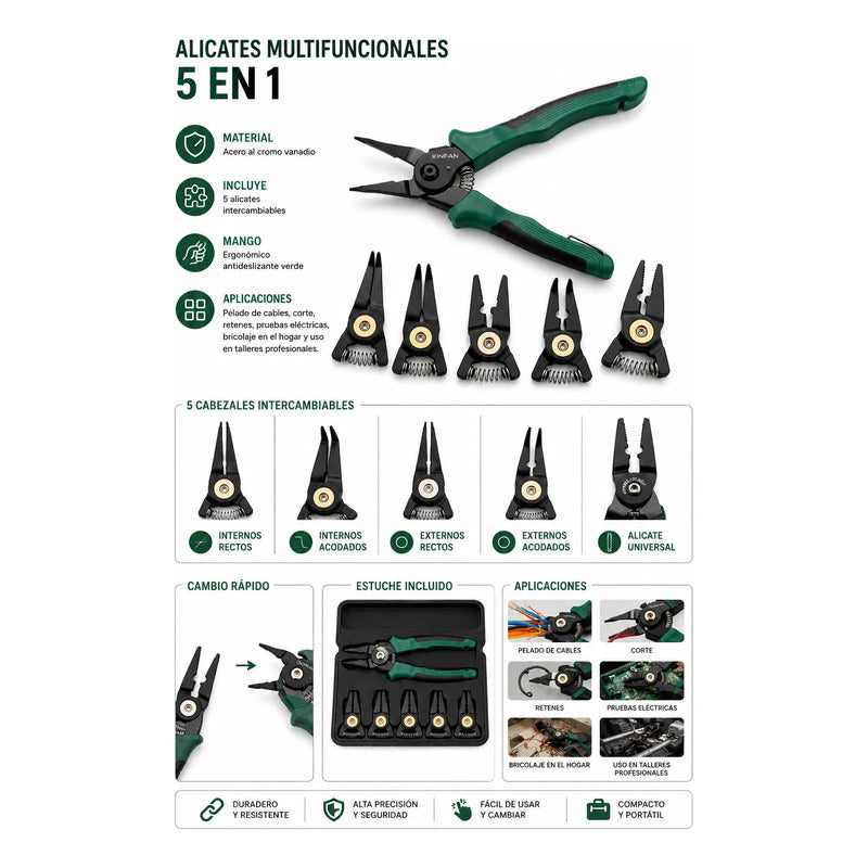 Set De Alicates 5 En 1 Con Estuche Electricista Retenes