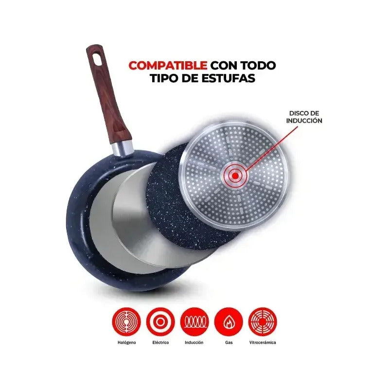 Sartenes De 20 - 24 Y 28cm Granito/madera Antiadherente Negro