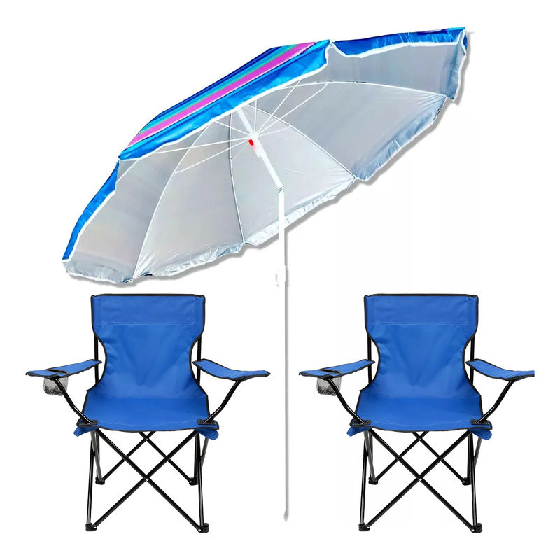 Pack 2 Sillas De Camping Plegable + 1 Quitasol Playa Verano Variado