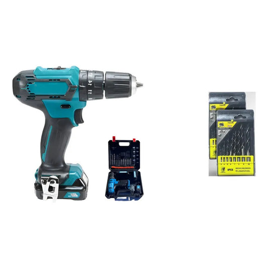 Kit Carpintero: Taladro Inalámbrico Azul 50hz + Pack 2 Brocas Madera 8pzs Mdf