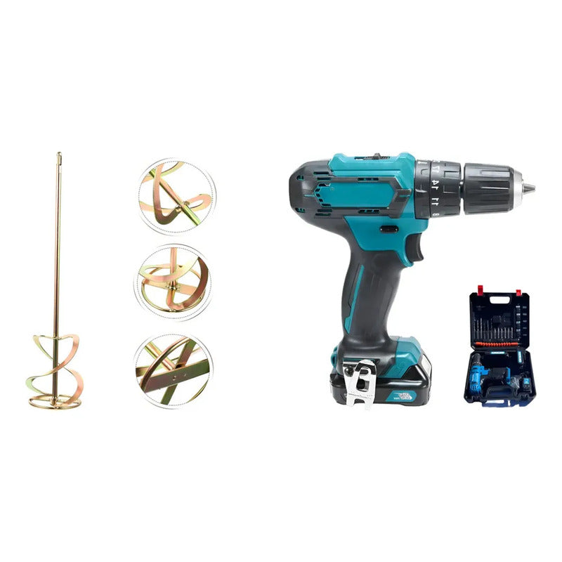 Kit Constructor: Revolvedor De Mezcla Pintura Y Cemento + Taladro Inalámbrico Recargable Azul 50 Hz
