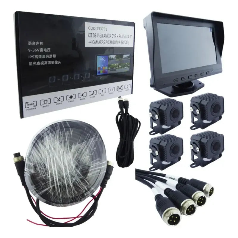 Kit 4 Cámaras De Seguridad Para Camión Dvr 7 Pulgadas Hd Negro