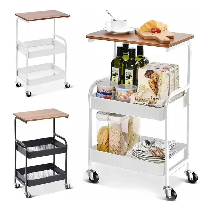 Carrito Organizador Metalico Con Ruedas Y Tapa De Madera Blanco