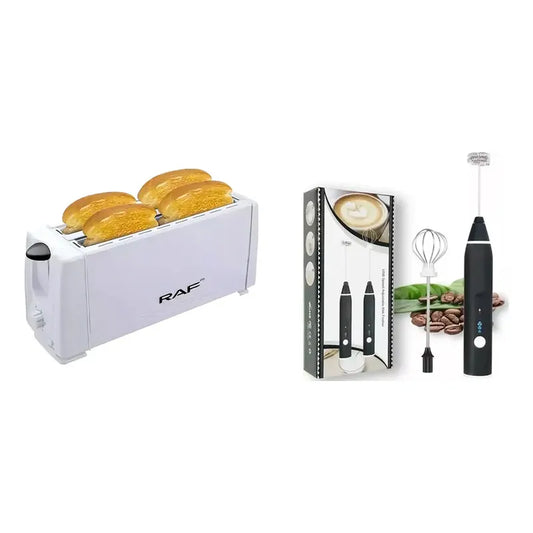 Kit Cocina: Tostadora Automática 4 Rebanadas Blanco + Batidor Eléctrico Recargable Negro