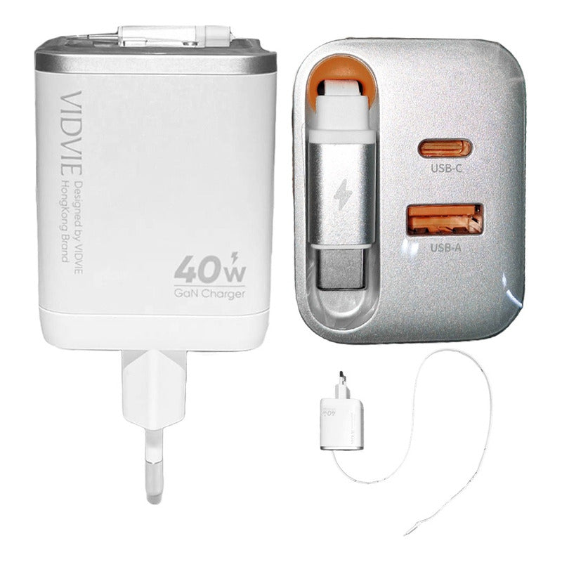Cargador Carga Rapida Con Cable Retractil  + 2 Puertos Blanco