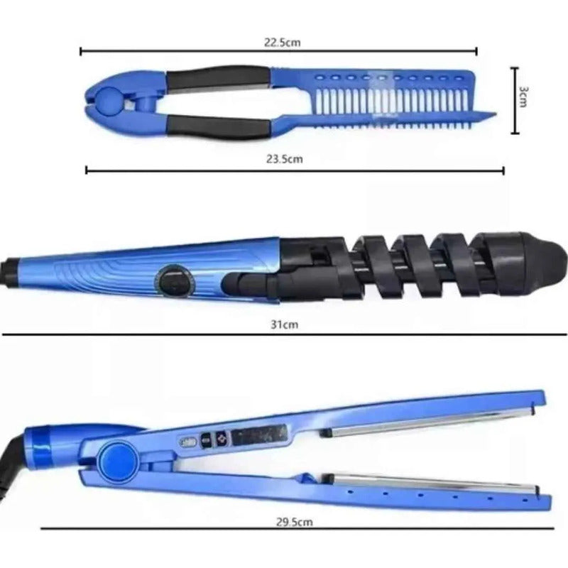 Plancha Rizadora 3 En 1 Alisadora + Onduladora + Peine 450°f Azul