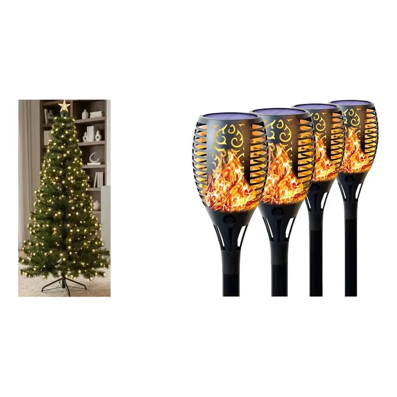 Kit Navidad: Árbol Verde Luces Cálidas Estrella 170cm + Antorchas Solares X4 Negras