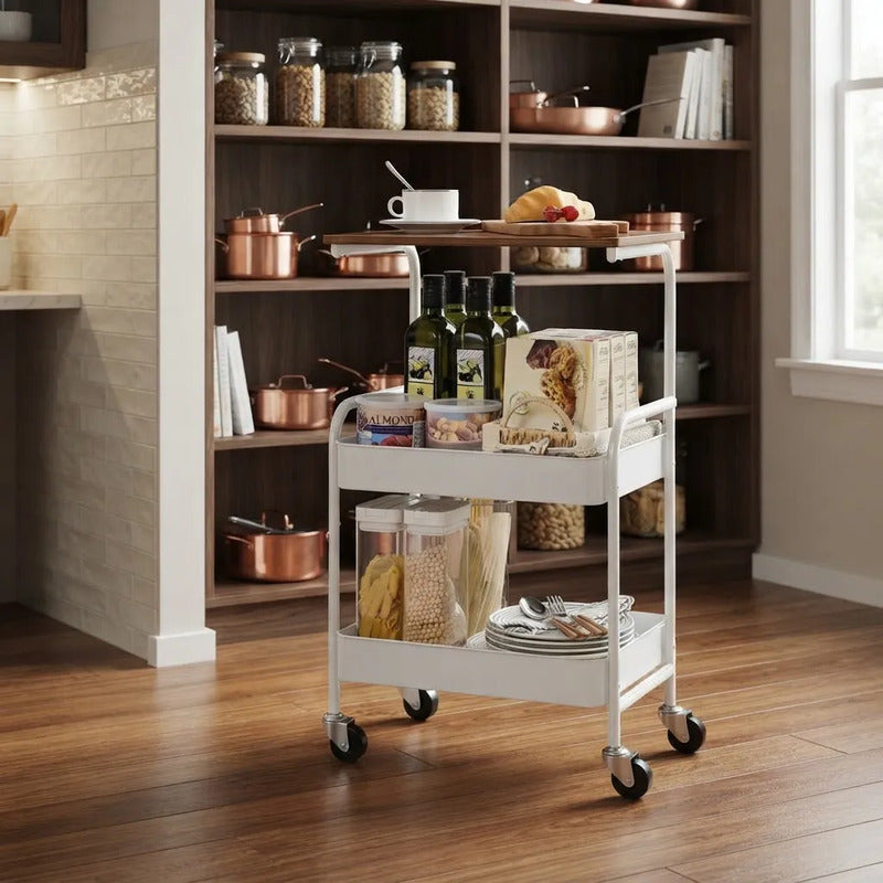 Carrito Organizador Metalico Con Ruedas Y Tapa De Madera Blanco