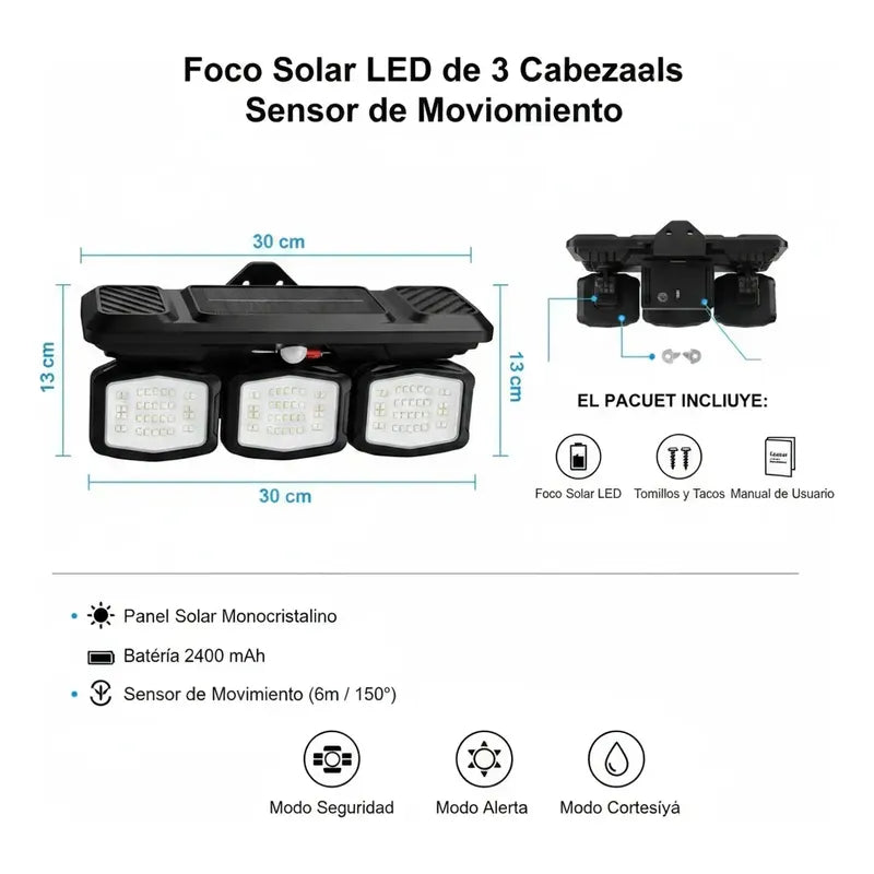 Foco Led Solar Con  Sensor De Movimiento 3 Cabezas Giratoria Negro Blanco Frío