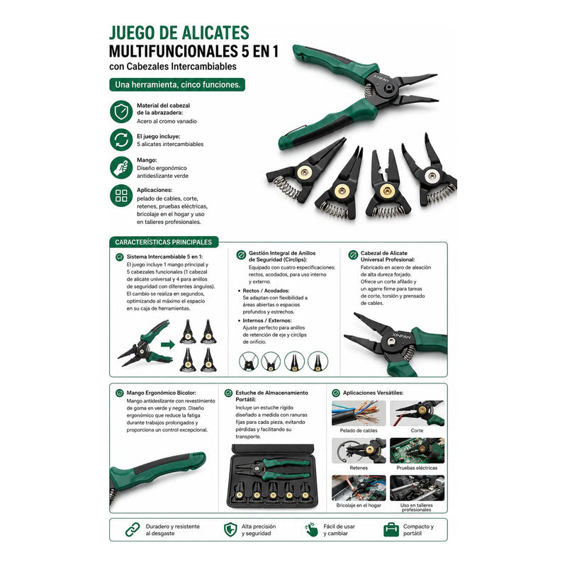 Set De Alicates 5 En 1 Con Estuche Electricista Retenes